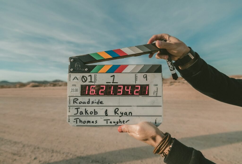 Film clapperboard on a movie set ready for shooting