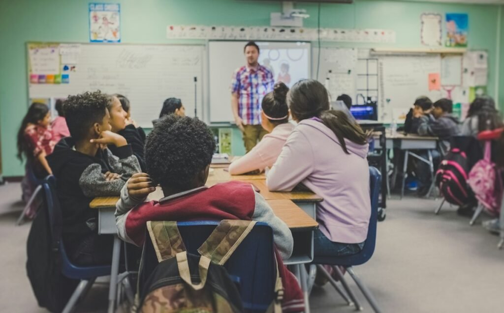 Teacher and students in a modern classroom