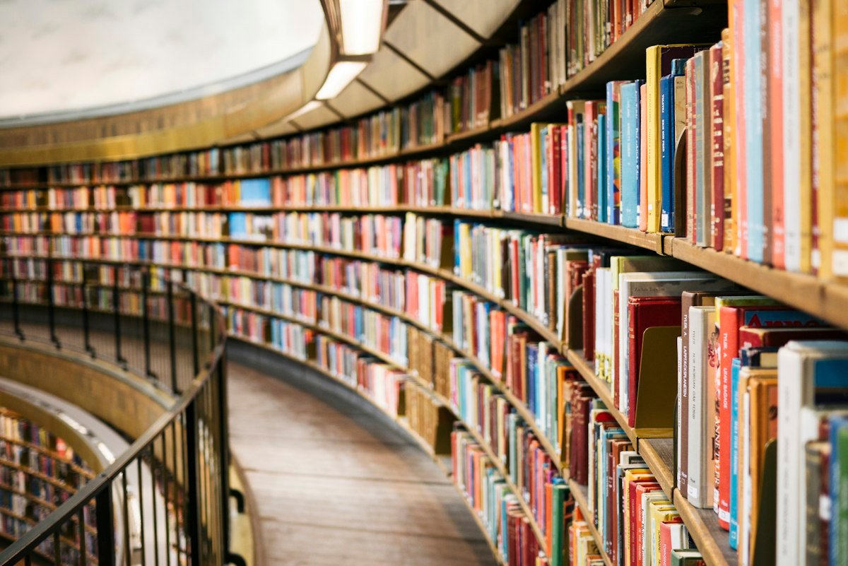 Library shelves full of books for learning